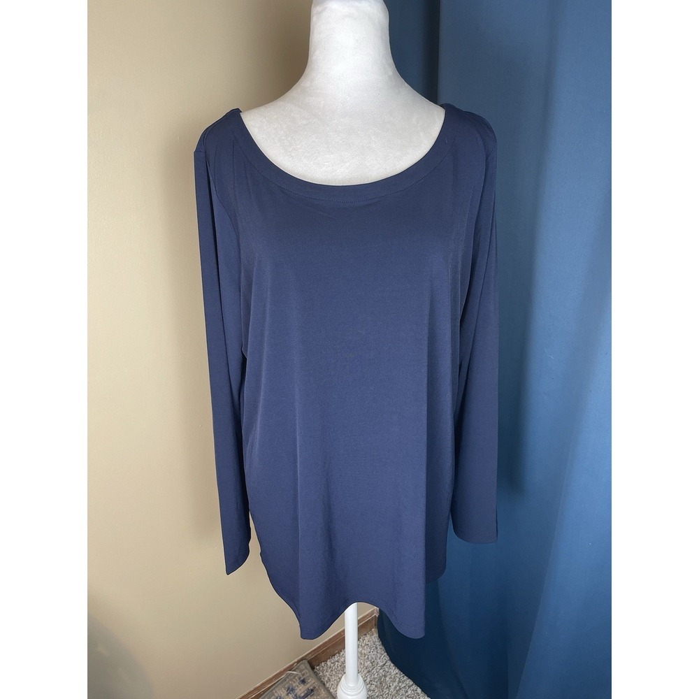Susan Graver Modern Essentials Liquid Knit Navy Blue Ballet Neck Top Size XL